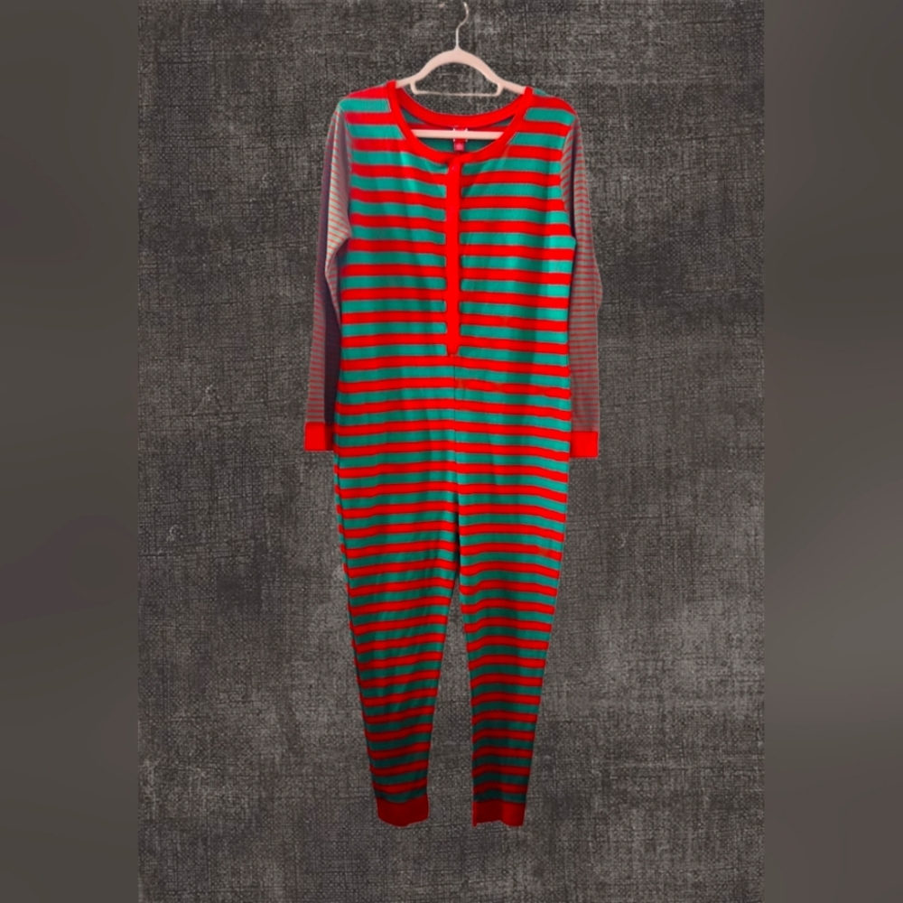 Target Red Green Striped Thermal One Piece Christmas Unisex Pajamas Size L (E10)